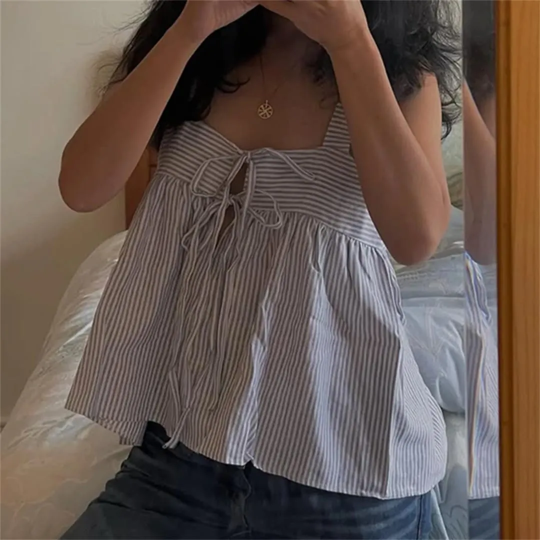 Women Sleevless Loose Backless Crop Tops Front Tie Up Babydoll Peplum Blouse Boho Flowy Vest
