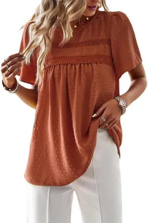 Women Summer Short Sleeve Flowy Tops Casual Crew Neck Lace Trim Boho Lounge Blouses Solid Loose Fit Gauze Shirts