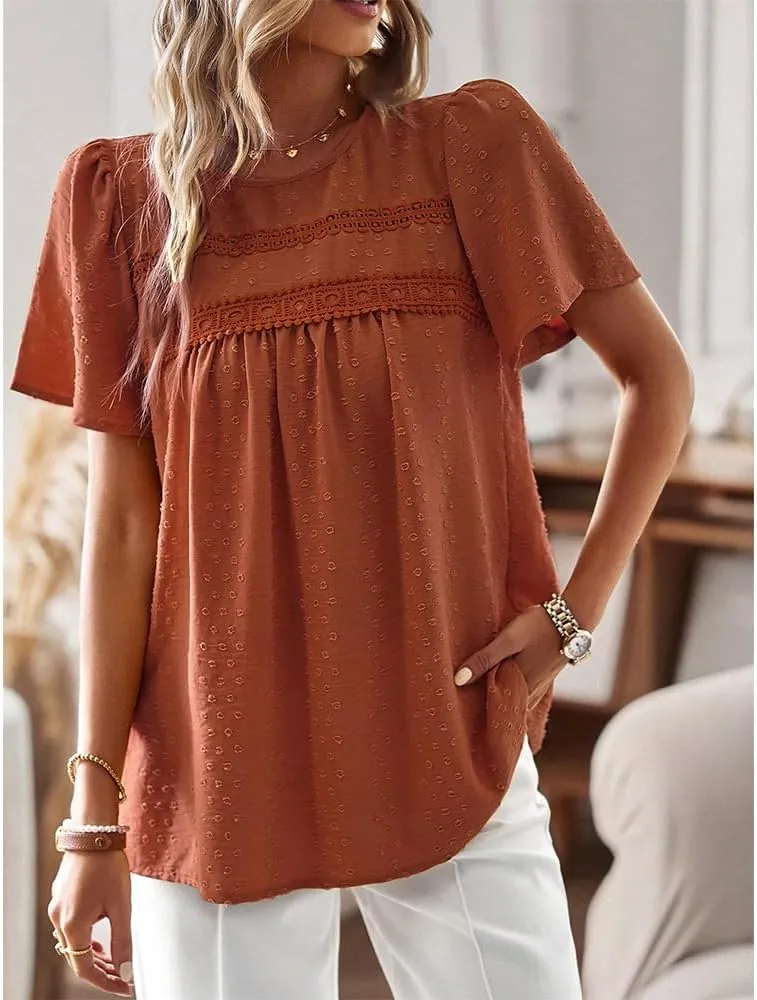 Women Summer Short Sleeve Flowy Tops Casual Crew Neck Lace Trim Boho Lounge Blouses Solid Loose Fit Gauze Shirts