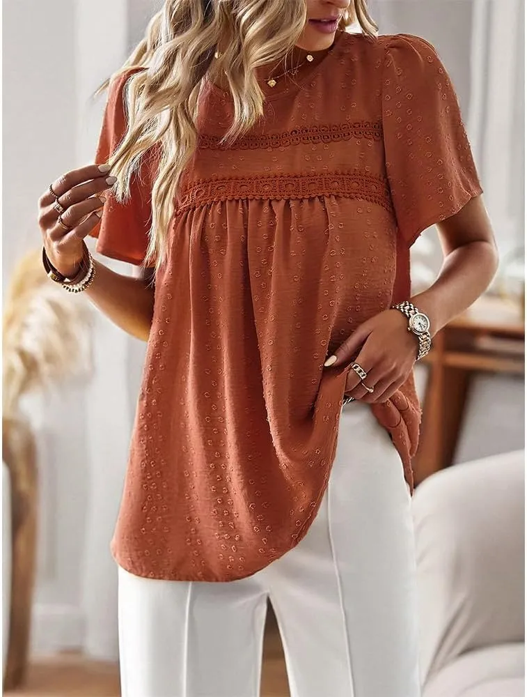 Women Summer Short Sleeve Flowy Tops Casual Crew Neck Lace Trim Boho Lounge Blouses Solid Loose Fit Gauze Shirts
