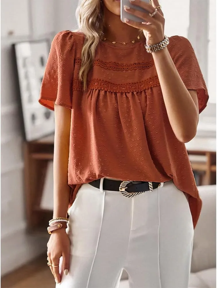 Women Summer Short Sleeve Flowy Tops Casual Crew Neck Lace Trim Boho Lounge Blouses Solid Loose Fit Gauze Shirts