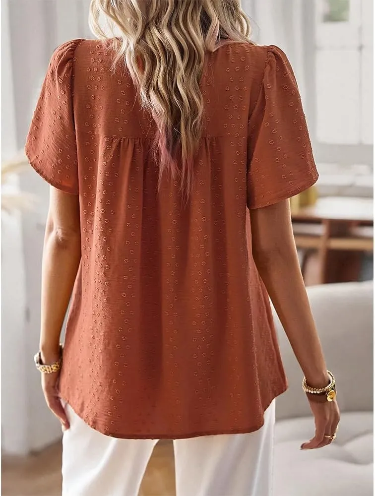 Women Summer Short Sleeve Flowy Tops Casual Crew Neck Lace Trim Boho Lounge Blouses Solid Loose Fit Gauze Shirts