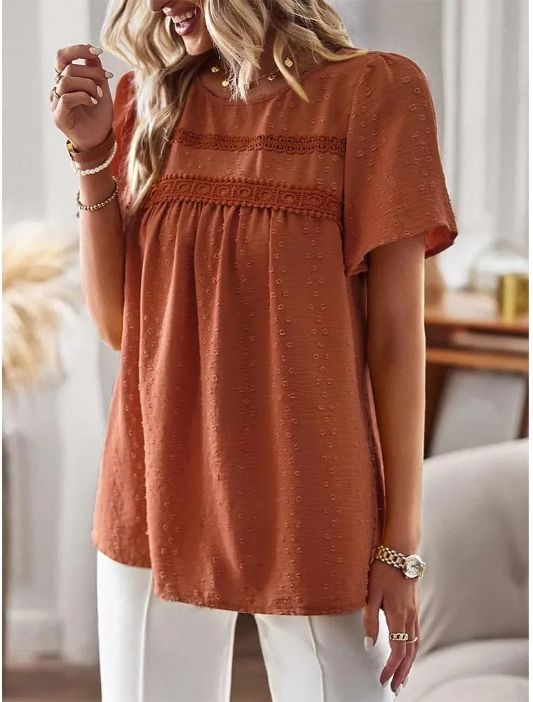 Women Summer Short Sleeve Flowy Tops Casual Crew Neck Lace Trim Boho Lounge Blouses Solid Loose Fit Gauze Shirts