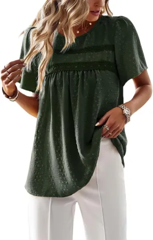 Women Summer Short Sleeve Flowy Tops Casual Crew Neck Lace Trim Boho Lounge Blouses Solid Loose Fit Gauze Shirts