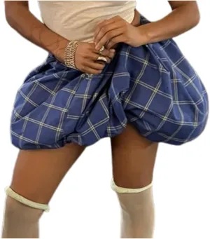 Women Y2K Bubble Mini Skirt High Waist Ruffle Balloon Short Skirt Cute A-Line Pleated Gingham Skirt Streetwear
