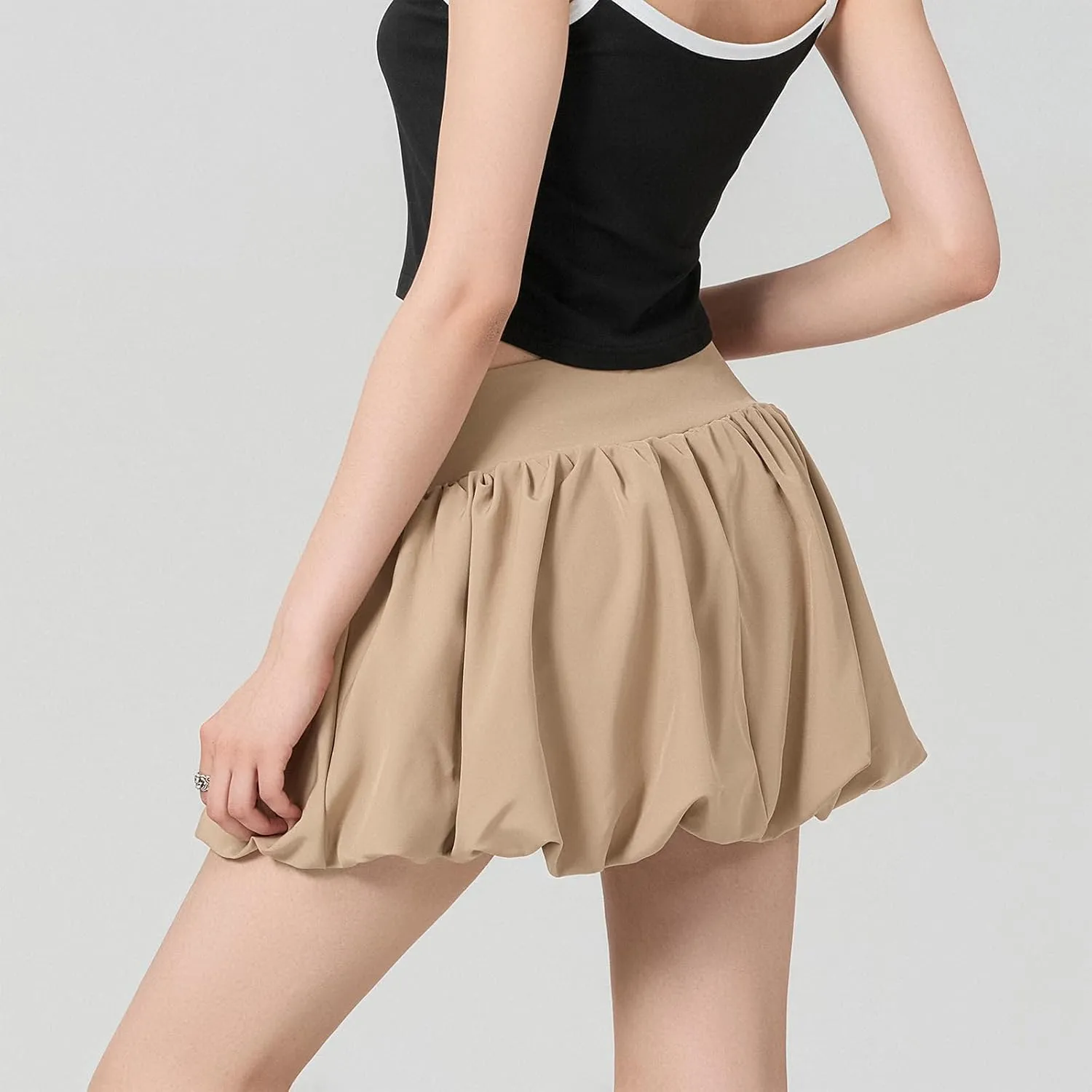 Women Y2k Bubble Mini Skirt Ruffle Hem Pleated Short Skirts Elastic High Waist Puffy A-Line Skirt for Streetwear