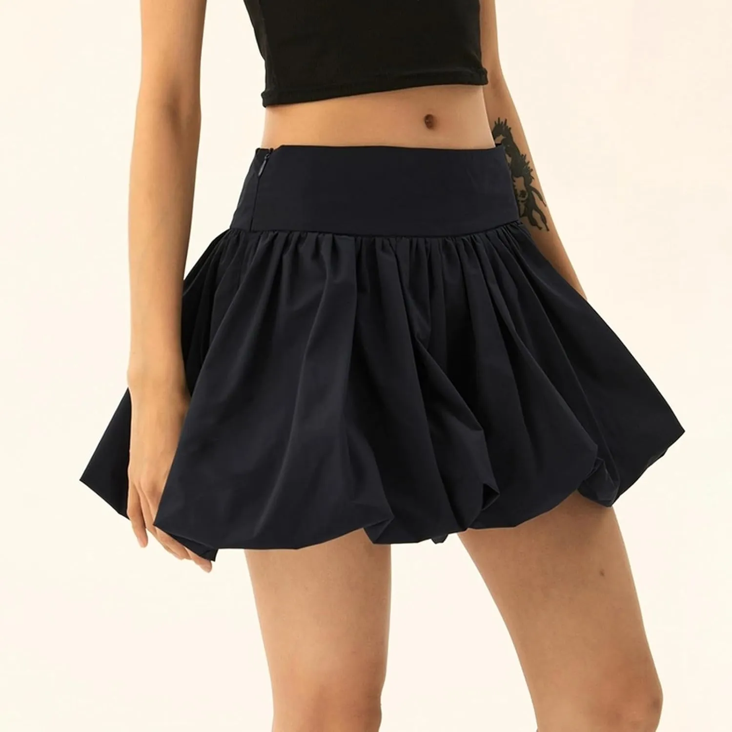 Women Y2k Bubble Mini Skirt Ruffle Hem Pleated Short Skirts Elastic High Waist Puffy A-Line Skirt for Streetwear
