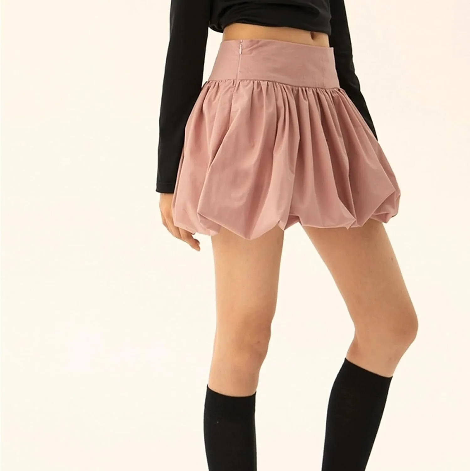 Women Y2k Bubble Mini Skirt Ruffle Hem Pleated Short Skirts Elastic High Waist Puffy A-Line Skirt for Streetwear