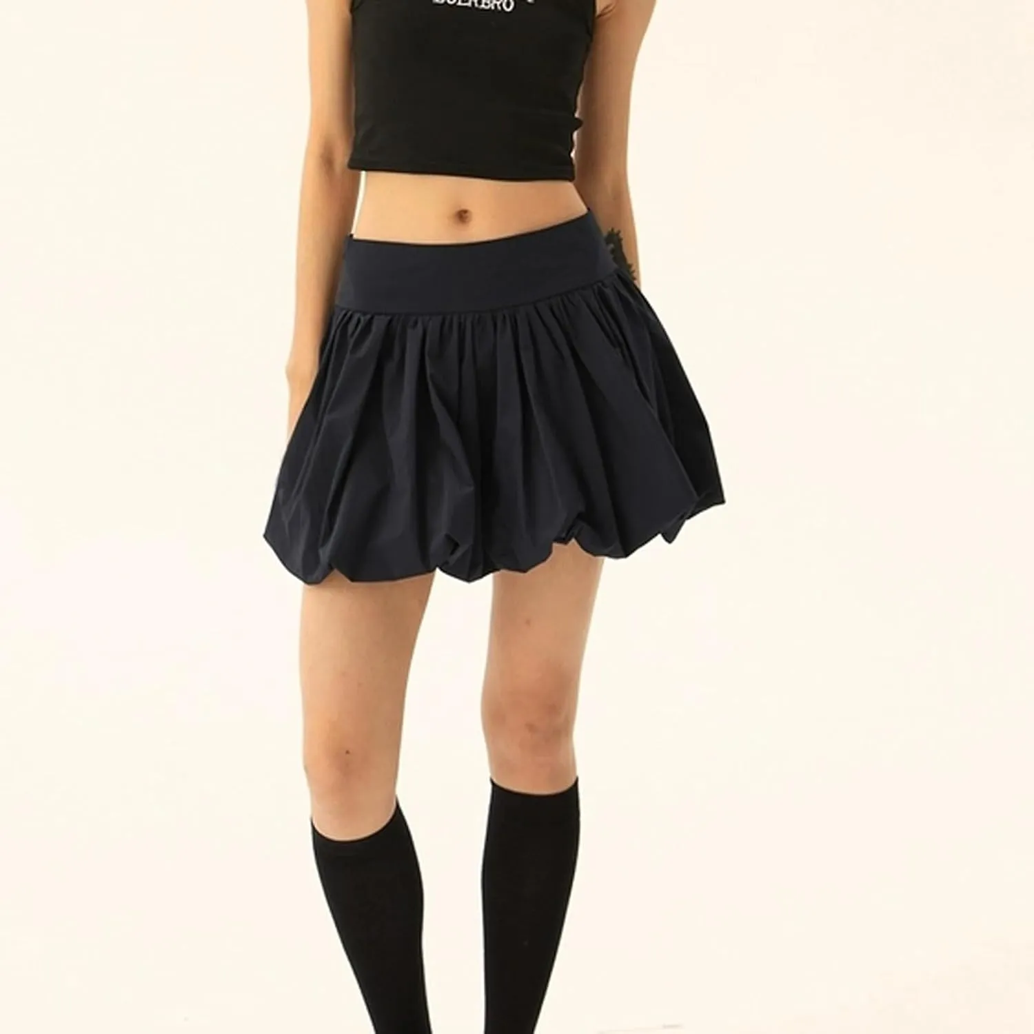 Women Y2k Bubble Mini Skirt Ruffle Hem Pleated Short Skirts Elastic High Waist Puffy A-Line Skirt for Streetwear