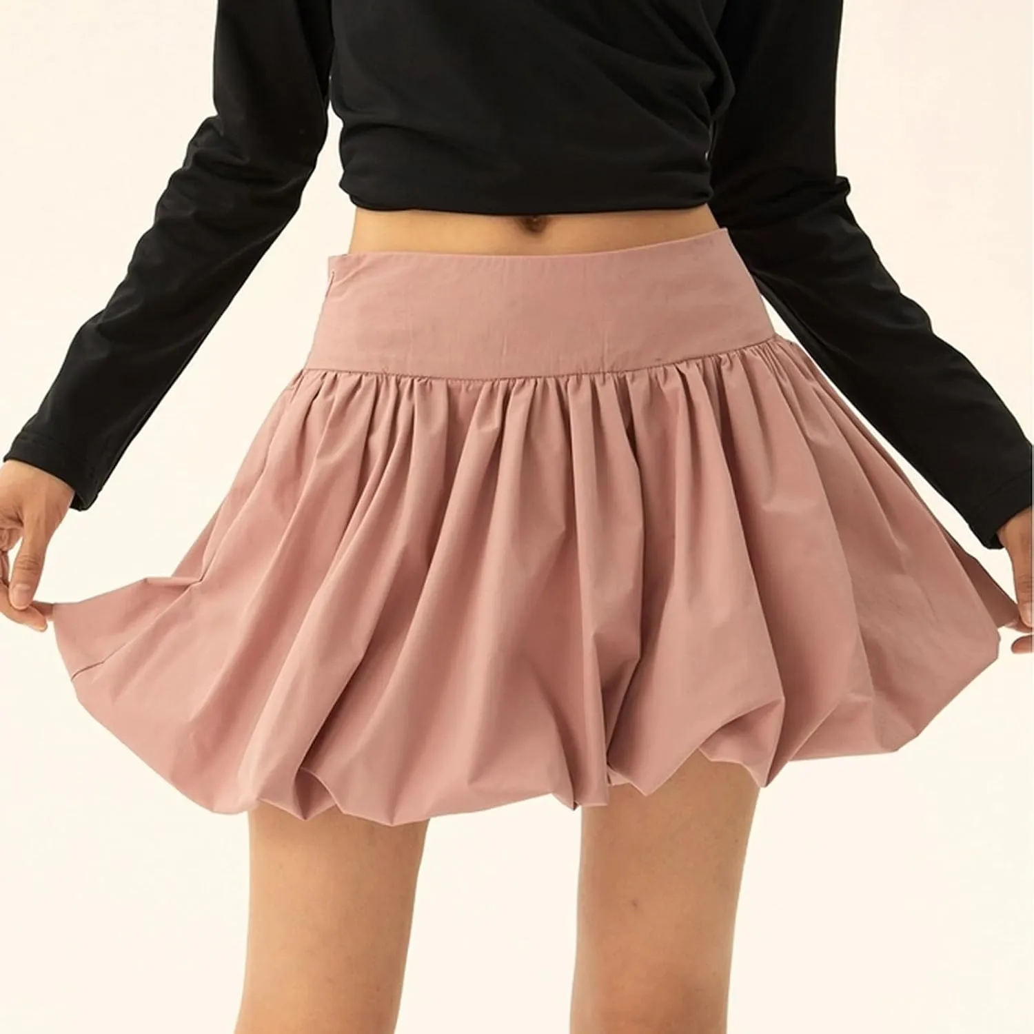 Women Y2k Bubble Mini Skirt Ruffle Hem Pleated Short Skirts Elastic High Waist Puffy A-Line Skirt for Streetwear