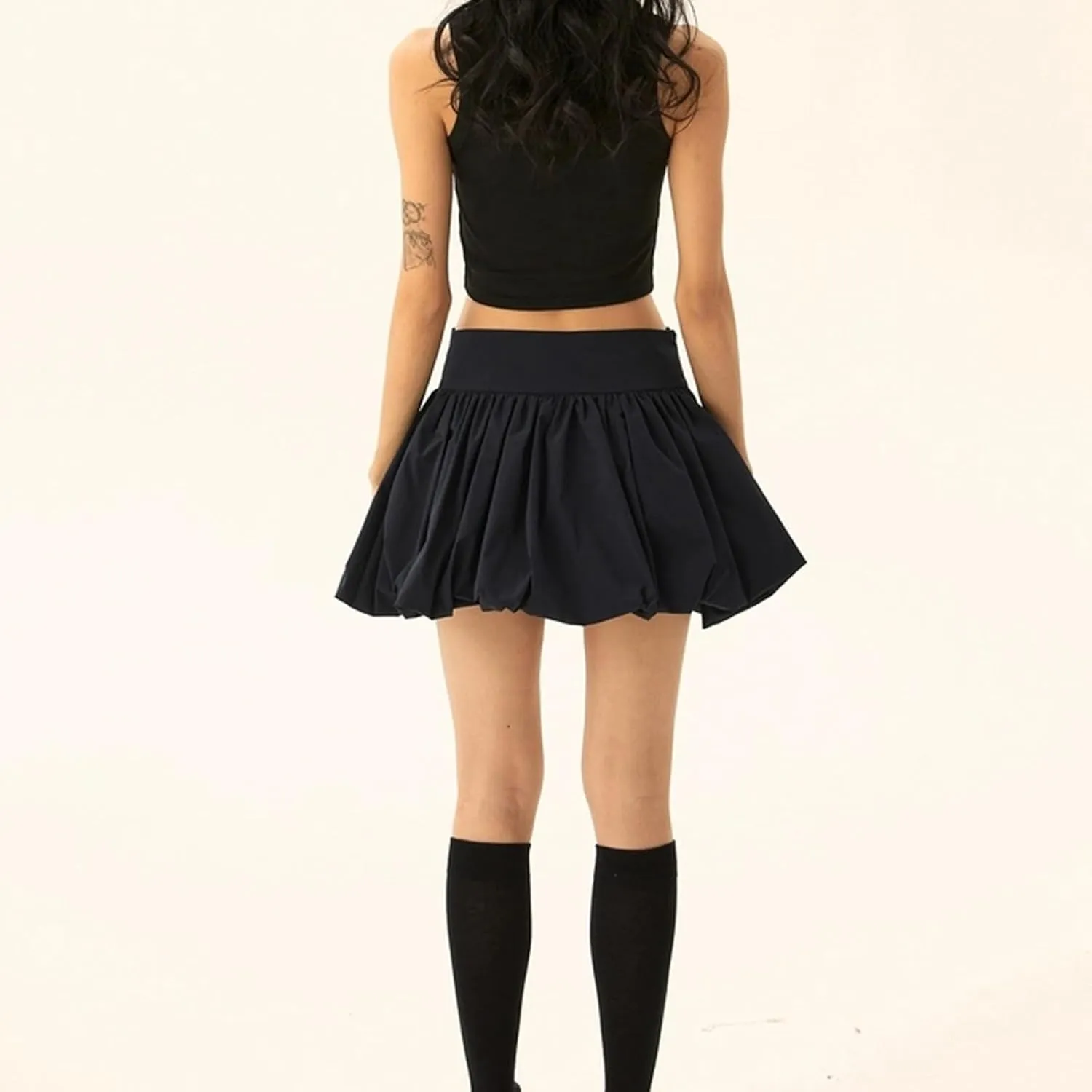 Women Y2k Bubble Mini Skirt Ruffle Hem Pleated Short Skirts Elastic High Waist Puffy A-Line Skirt for Streetwear