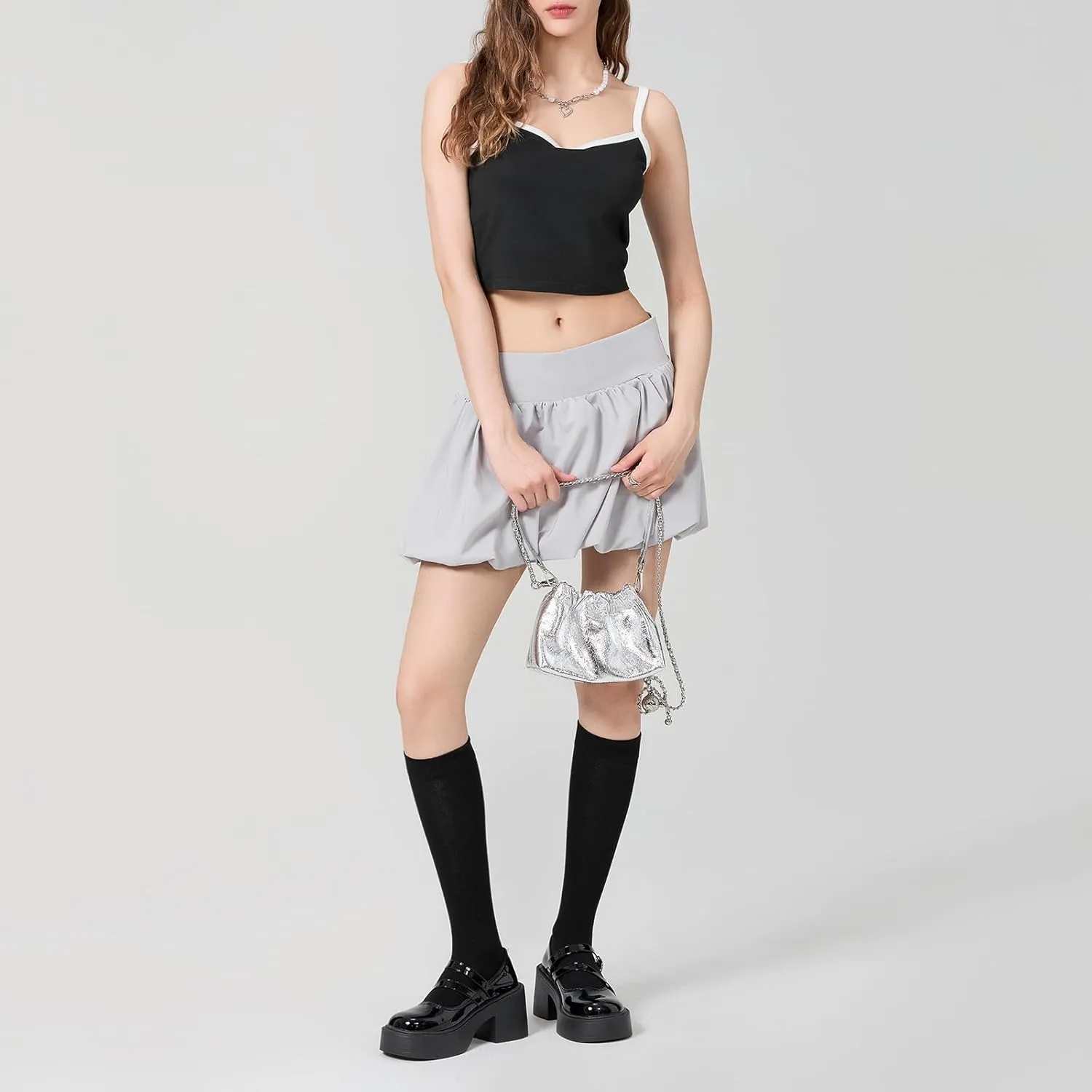 Women Y2k Bubble Mini Skirt Ruffle Hem Pleated Short Skirts Elastic High Waist Puffy A-Line Skirt for Streetwear