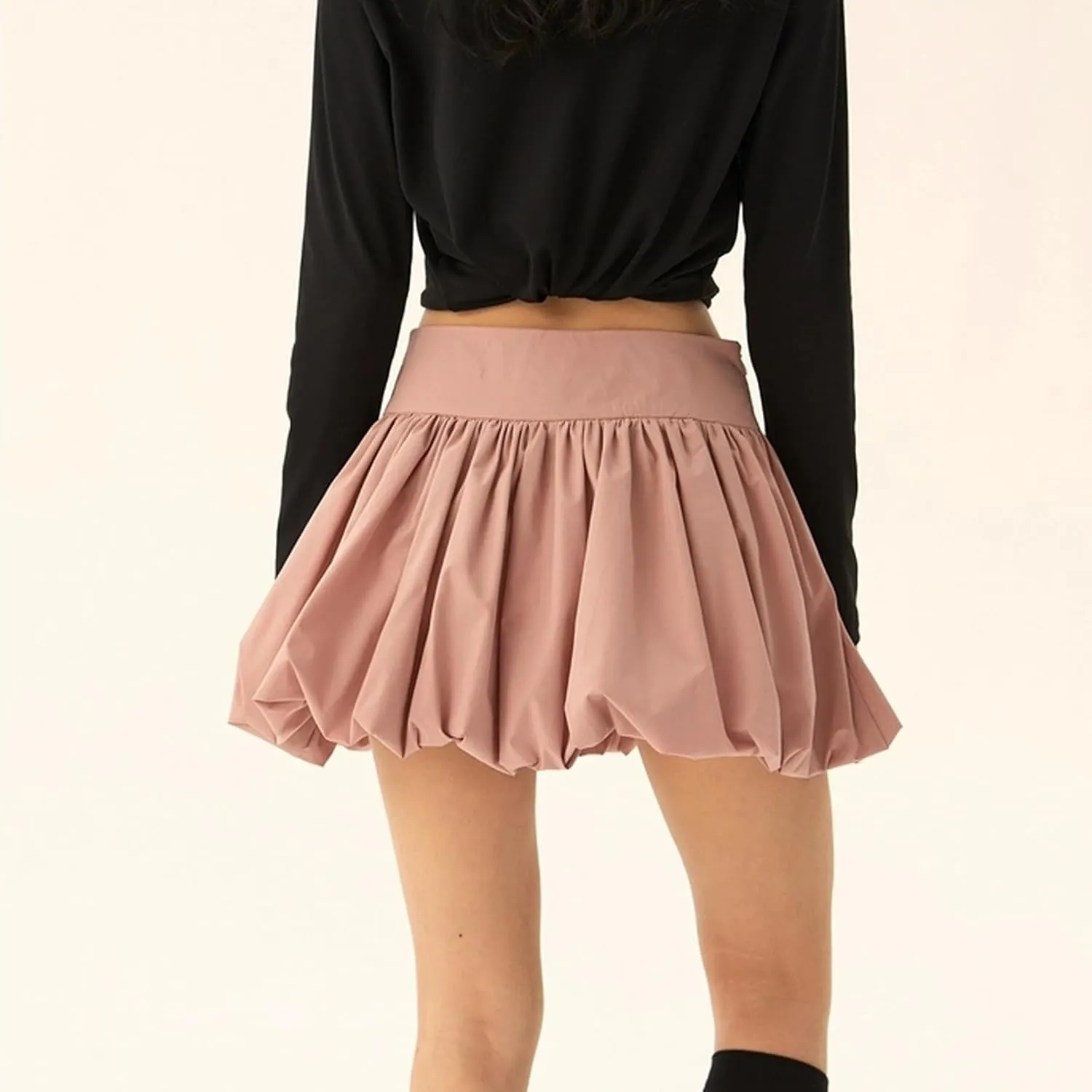 Women Y2k Bubble Mini Skirt Ruffle Hem Pleated Short Skirts Elastic High Waist Puffy A-Line Skirt for Streetwear
