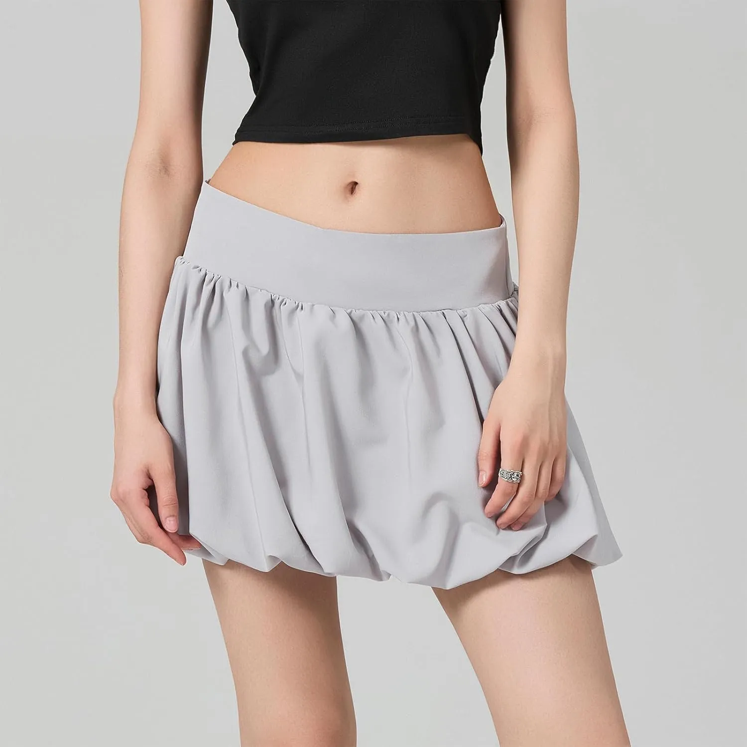 Women Y2k Bubble Mini Skirt Ruffle Hem Pleated Short Skirts Elastic High Waist Puffy A-Line Skirt for Streetwear