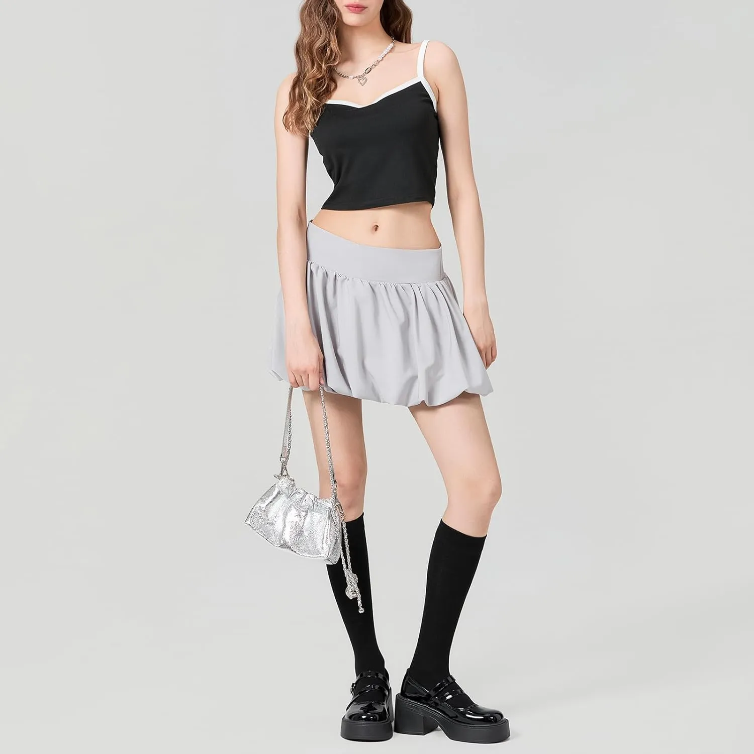 Women Y2k Bubble Mini Skirt Ruffle Hem Pleated Short Skirts Elastic High Waist Puffy A-Line Skirt for Streetwear