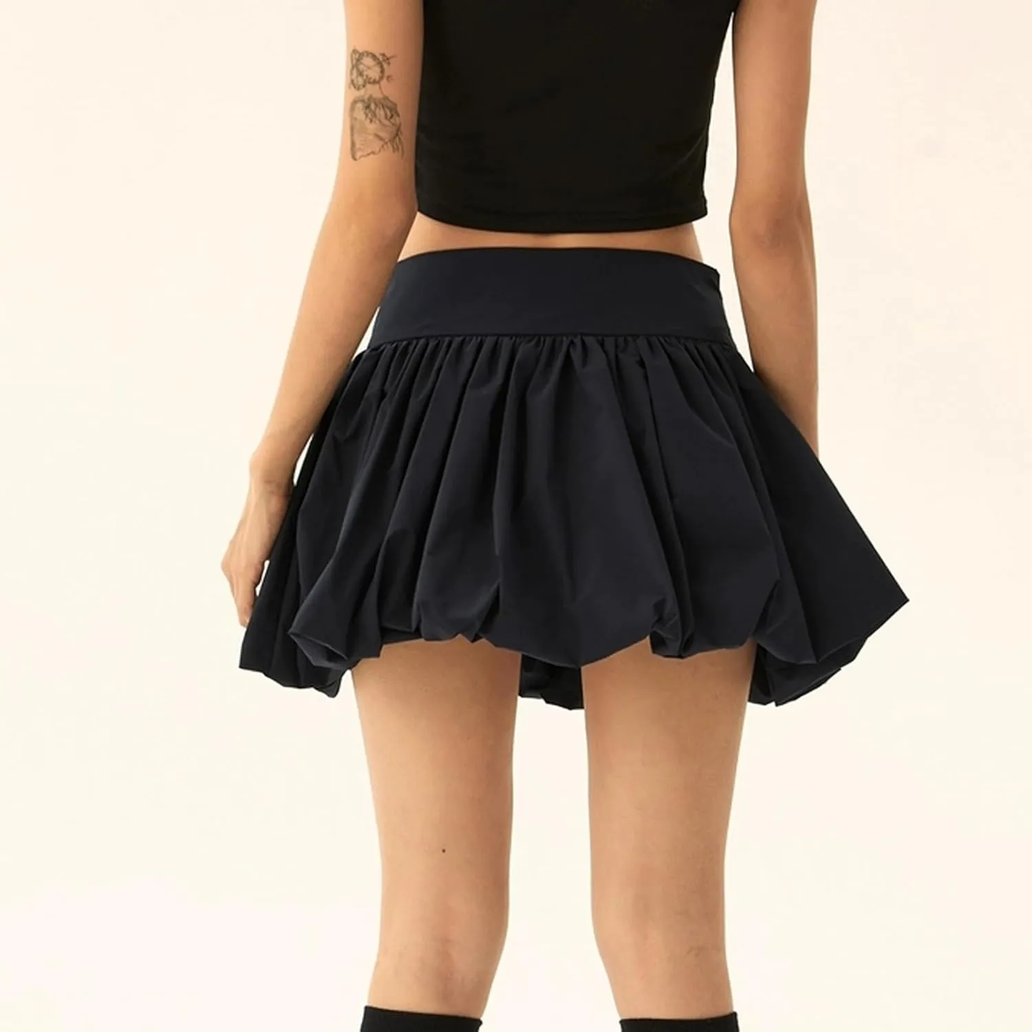 Women Y2k Bubble Mini Skirt Ruffle Hem Pleated Short Skirts Elastic High Waist Puffy A-Line Skirt for Streetwear