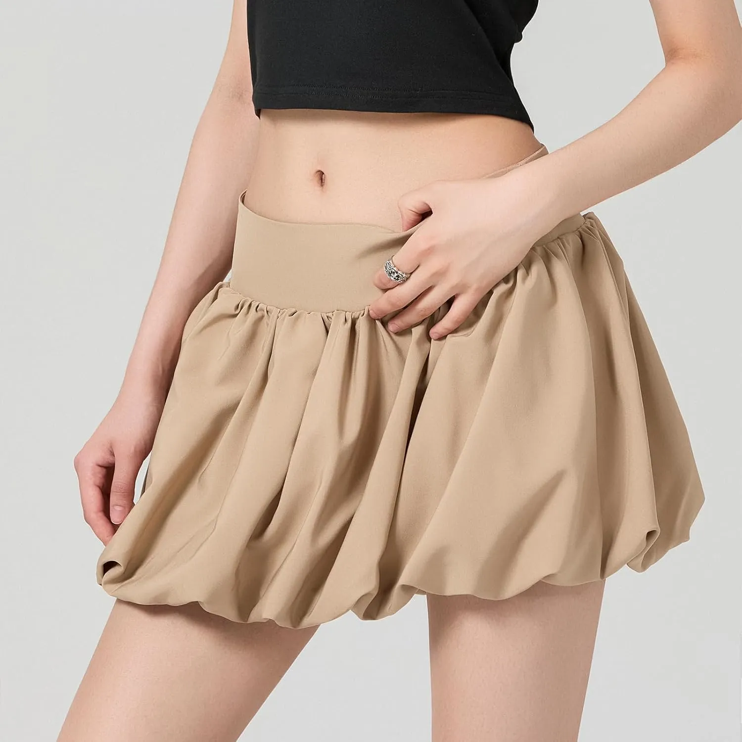 Women Y2k Bubble Mini Skirt Ruffle Hem Pleated Short Skirts Elastic High Waist Puffy A-Line Skirt for Streetwear