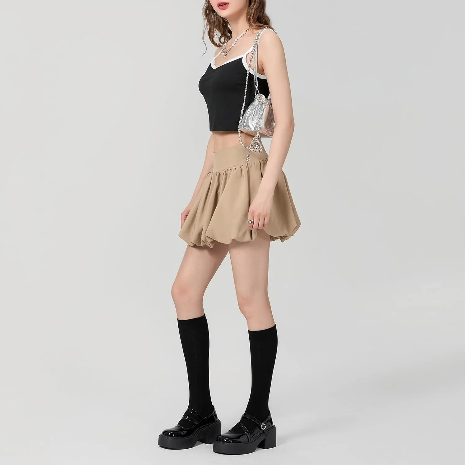 Women Y2k Bubble Mini Skirt Ruffle Hem Pleated Short Skirts Elastic High Waist Puffy A-Line Skirt for Streetwear
