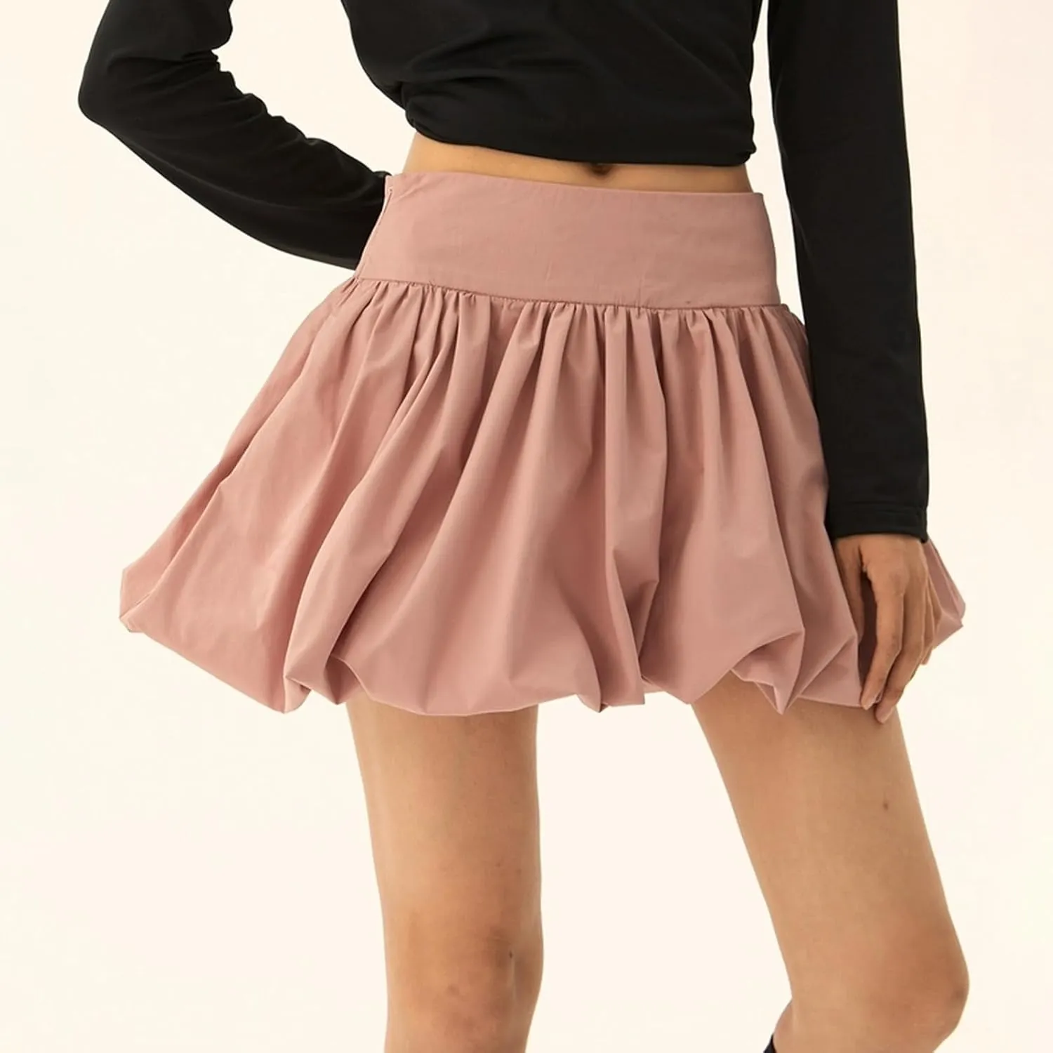 Women Y2k Bubble Mini Skirt Ruffle Hem Pleated Short Skirts Elastic High Waist Puffy A-Line Skirt for Streetwear