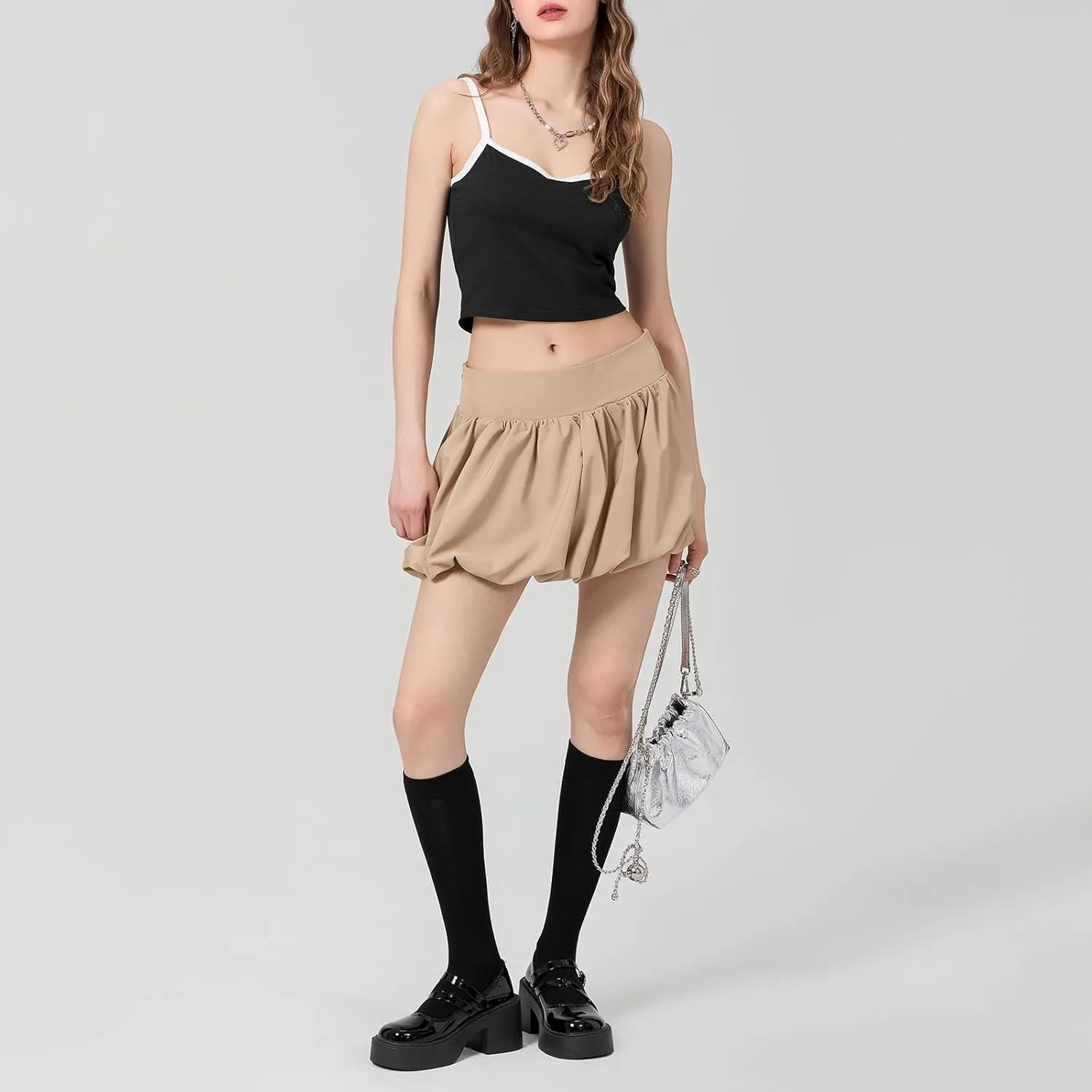 Women Y2k Bubble Mini Skirt Ruffle Hem Pleated Short Skirts Elastic High Waist Puffy A-Line Skirt for Streetwear
