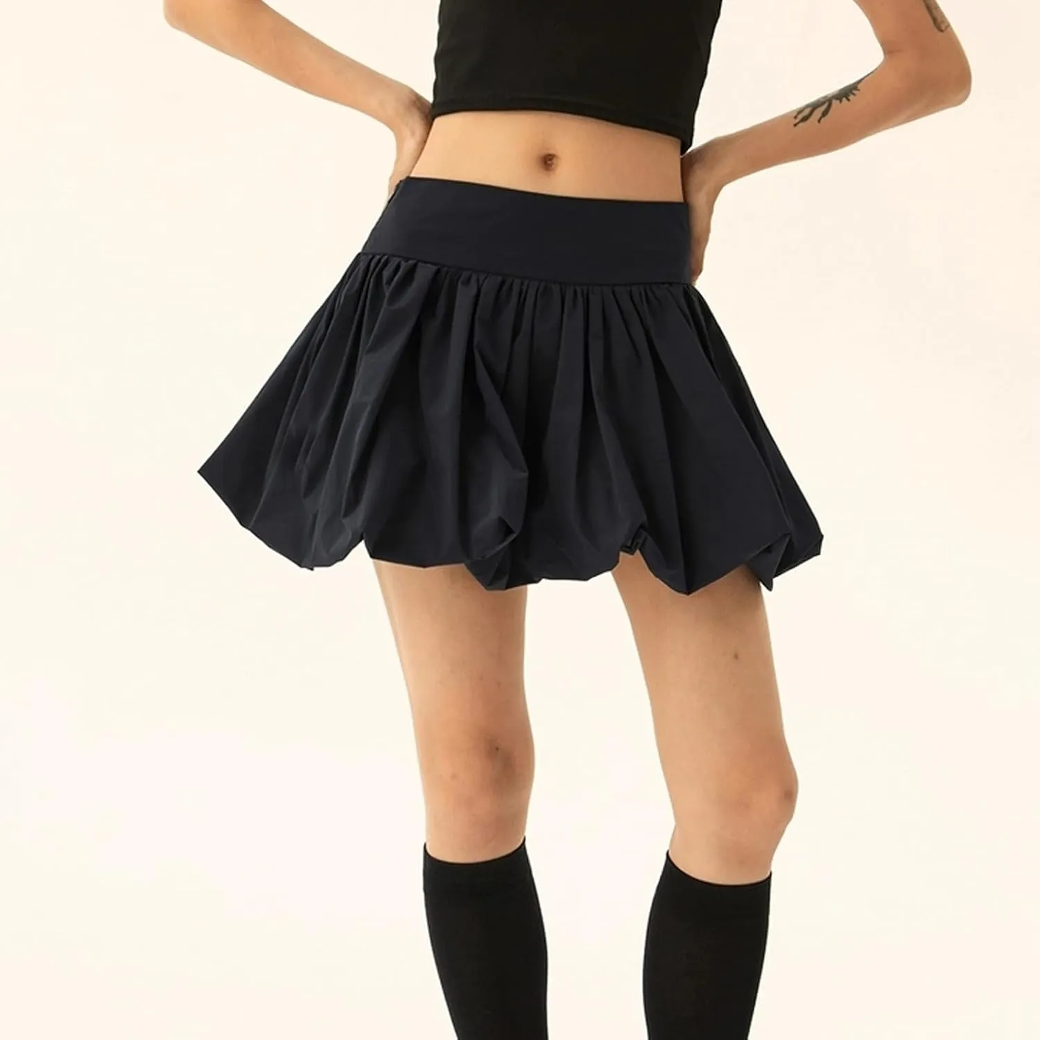 Women Y2k Bubble Mini Skirt Ruffle Hem Pleated Short Skirts Elastic High Waist Puffy A-Line Skirt for Streetwear
