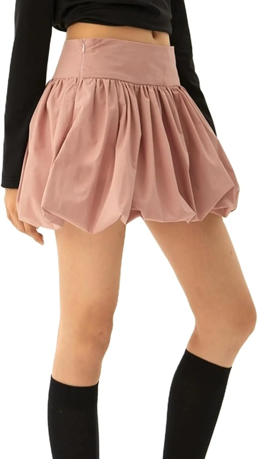 Women Y2k Bubble Mini Skirt Ruffle Hem Pleated Short Skirts High Waist Puffy A-Line Flared Skirt Streetwear