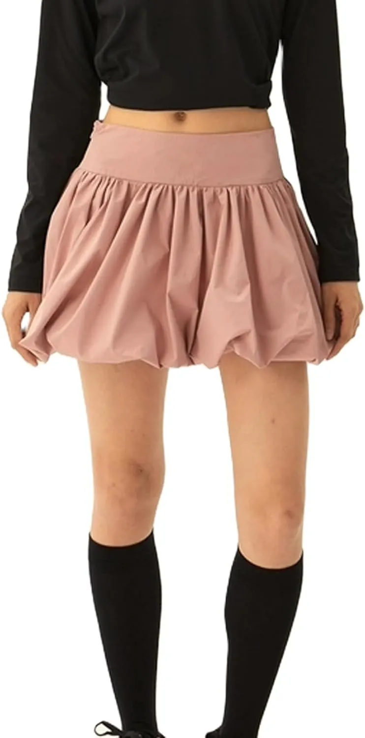 Women Y2k Bubble Mini Skirt Ruffle Hem Pleated Short Skirts High Waist Puffy A-Line Flared Skirt Streetwear