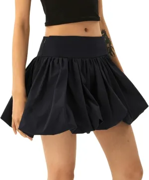 Women Y2k Bubble Mini Skirt Ruffle Hem Pleated Short Skirts High Waist Puffy A-Line Flared Skirt Streetwear
