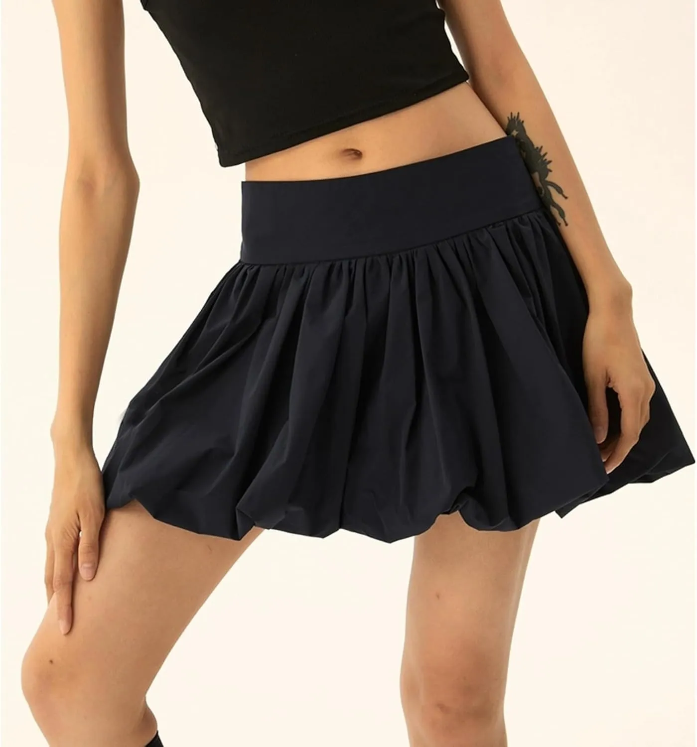 Women Y2k Bubble Mini Skirt Ruffle Hem Pleated Short Skirts High Waist Puffy A-Line Flared Skirt Streetwear