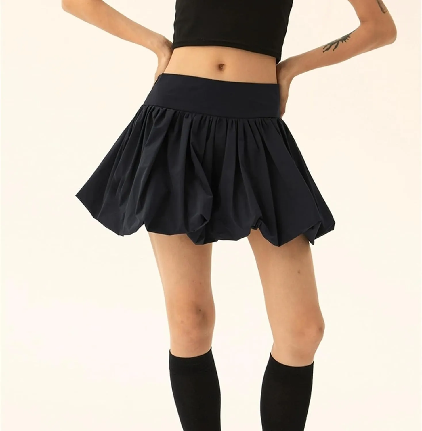 Women Y2k Bubble Mini Skirt Ruffle Hem Pleated Short Skirts High Waist Puffy A-Line Flared Skirt Streetwear
