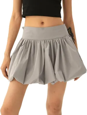 Women Y2k Bubble Mini Skirt Ruffle Hem Pleated Short Skirts High Waist Puffy A-Line Flared Skirt Streetwear