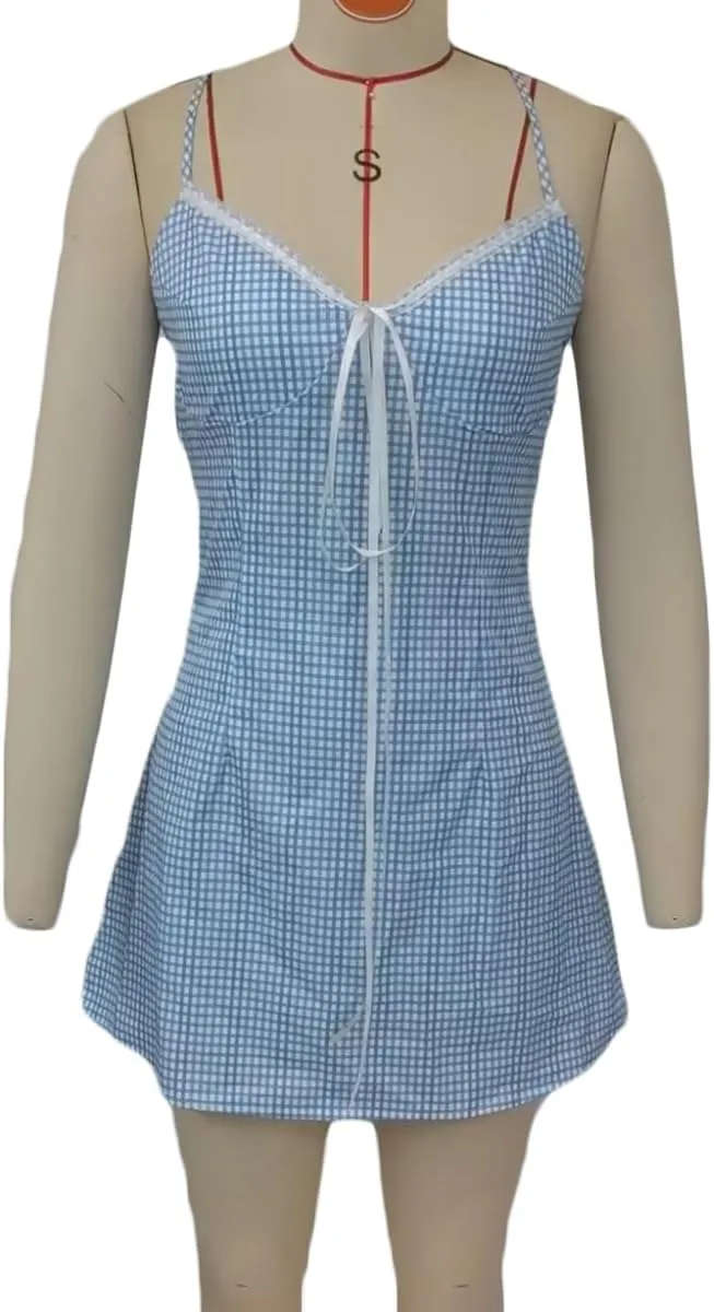 Women Y2K Gingham Mini Dress Spaghetti Strap Lace Trim Sleeveless Backless Plaid Bodycon Dress Party Cocktail