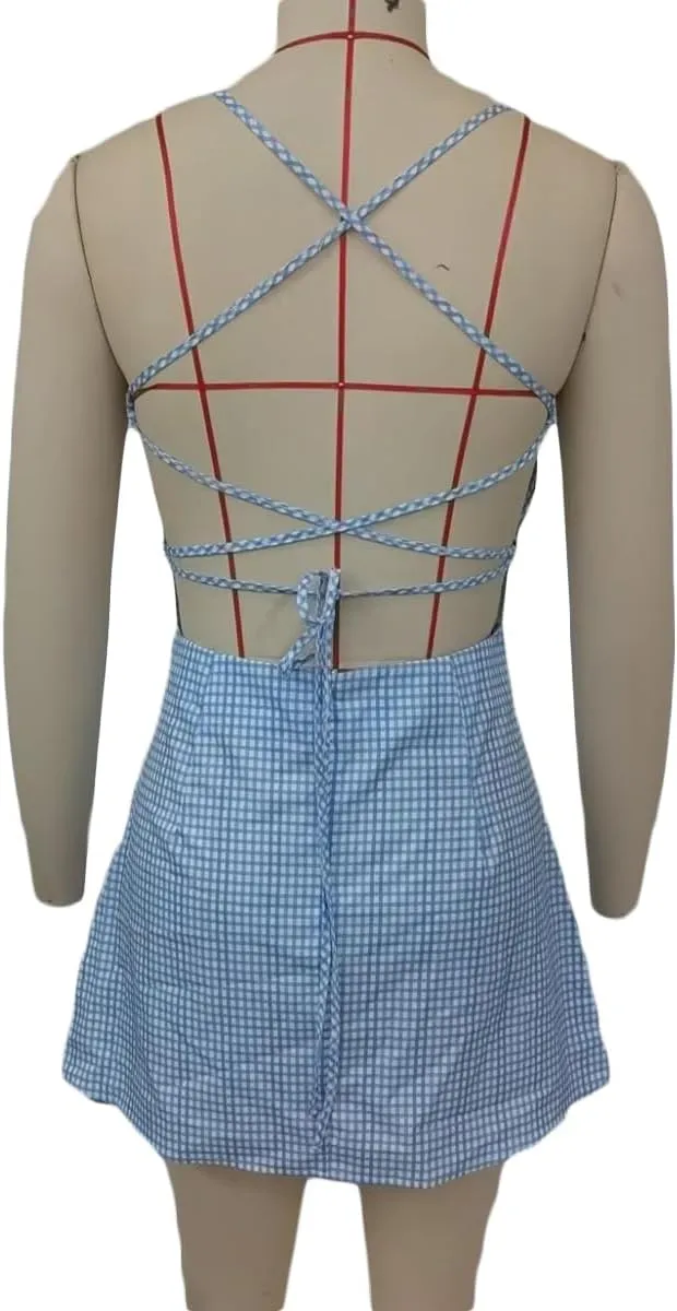 Women Y2K Gingham Mini Dress Spaghetti Strap Lace Trim Sleeveless Backless Plaid Bodycon Dress Party Cocktail