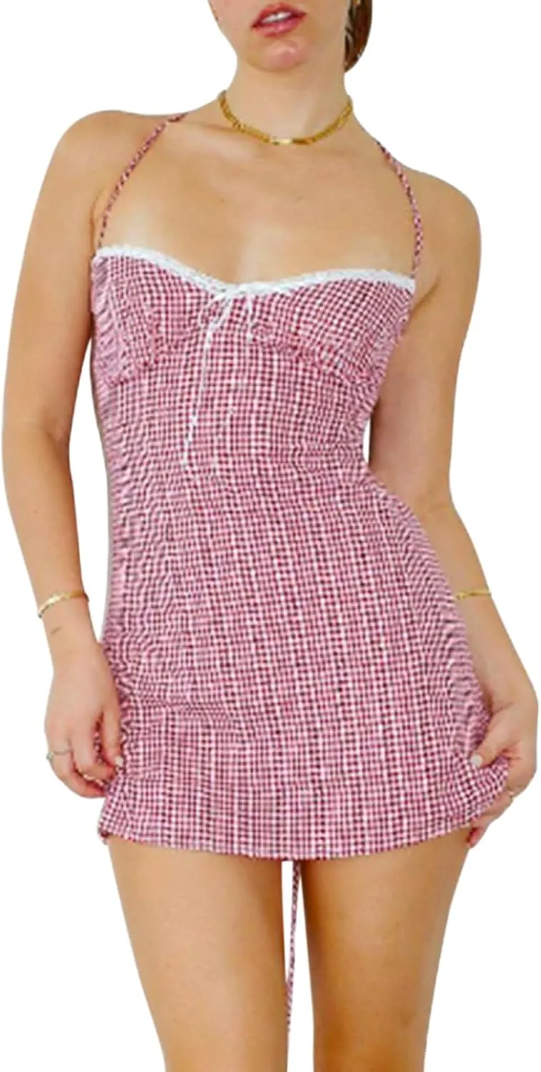 Women Y2K Gingham Mini Dress Spaghetti Strap Lace Trim Sleeveless Backless Plaid Bodycon Dress Party Cocktail