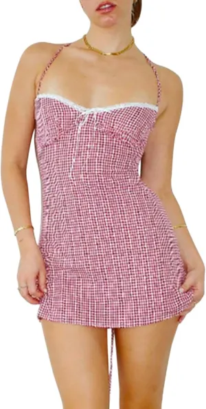 Women Y2K Gingham Mini Dress Spaghetti Strap Lace Trim Sleeveless Backless Plaid Bodycon Dress Party Cocktail