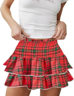 Women Y2k Gingham Plaid Print Mini Skirt Cute Ruffle Lace Trim Pleated A Line Micro Skirt Sexy Maid Sissy Short Skirt