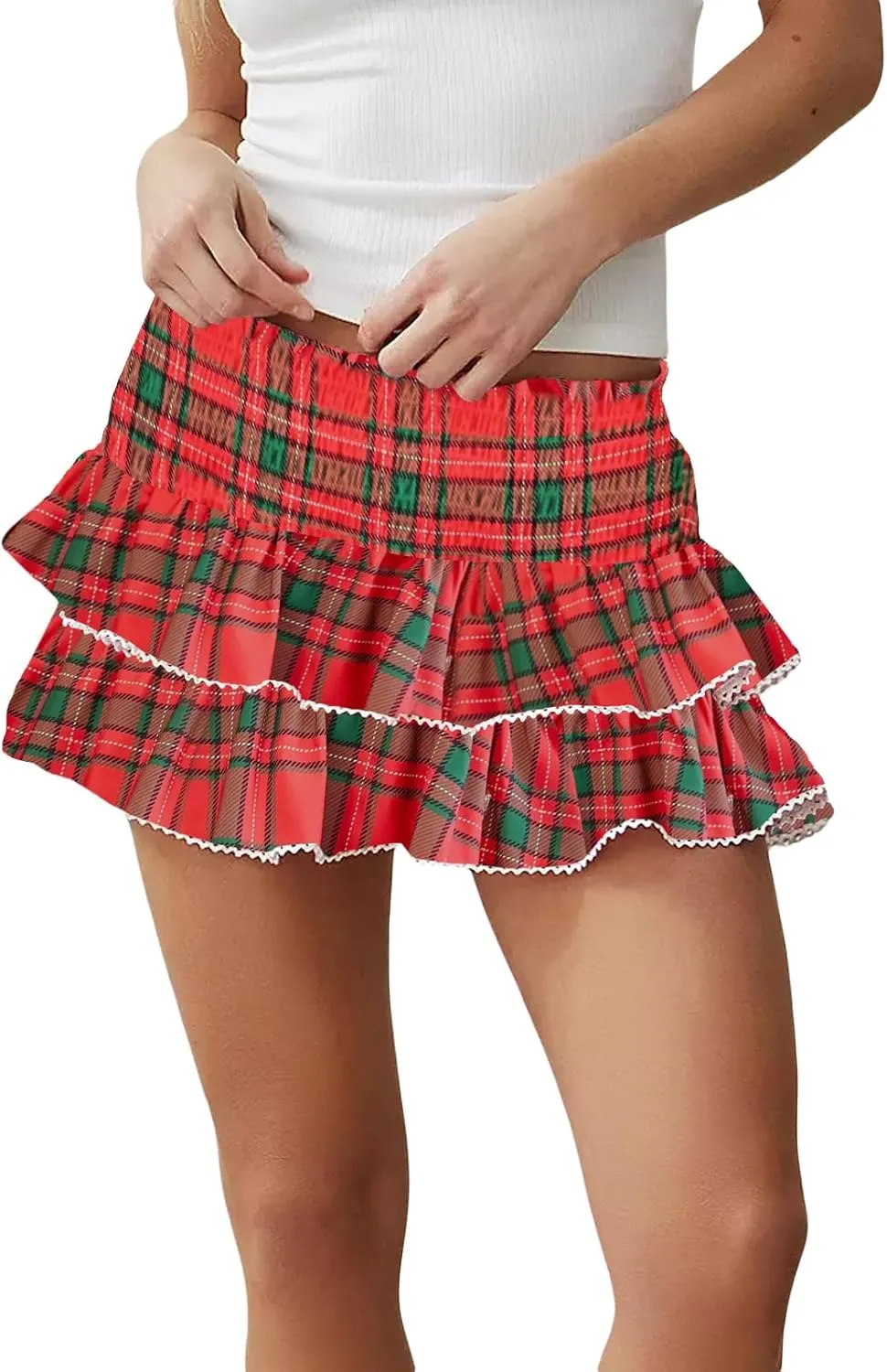 Women Y2k Gingham Plaid Print Mini Skirt Cute Ruffle Lace Trim Pleated A Line Micro Skirt Sexy Maid Sissy Short Skirt
