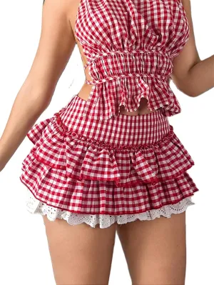 Women Y2k Gingham Plaid Print Mini Skirt Cute Ruffle Lace Trim Pleated A Line Micro Skirt Sexy Maid Sissy Short Skirt