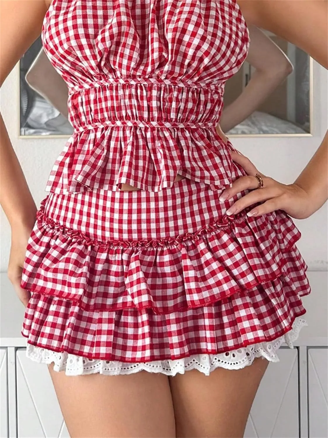 Women Y2k Gingham Plaid Print Mini Skirt Cute Ruffle Lace Trim Pleated A Line Micro Skirt Sexy Maid Sissy Short Skirt