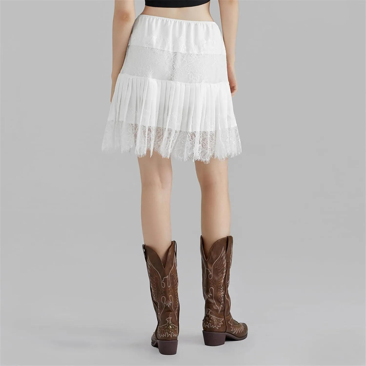 Women Y2k Lace Pleated Mini Skirt Low Rise Floral Lace Ruffle Ruched Tiered Short Skirt Summer Lace Slip Underskirts