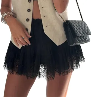 Women Y2k Lace Pleated Mini Skirt Low Rise Floral Lace Ruffle Ruched Tiered Short Skirt Summer Lace Slip Underskirts