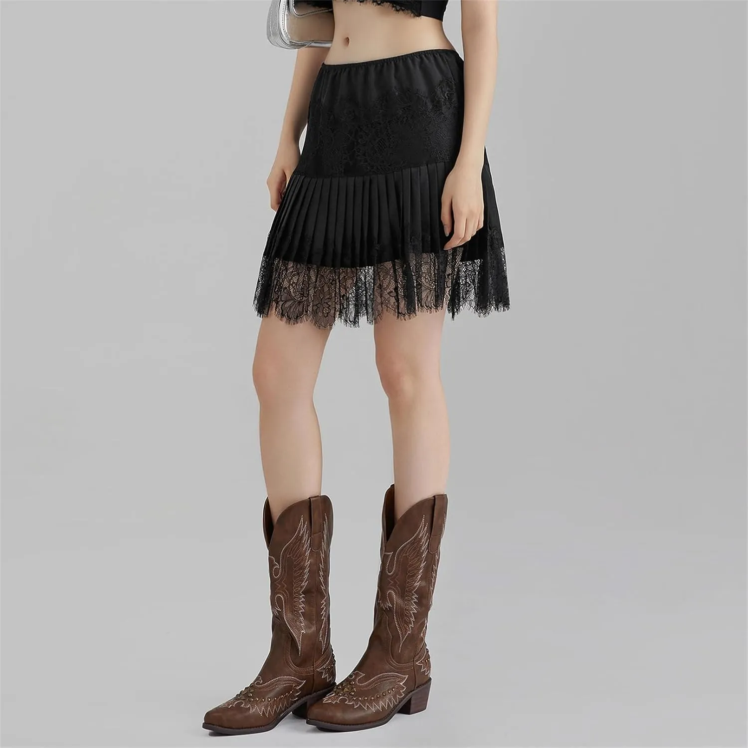 Women Y2k Lace Pleated Mini Skirt Low Rise Floral Lace Ruffle Ruched Tiered Short Skirt Summer Lace Slip Underskirts