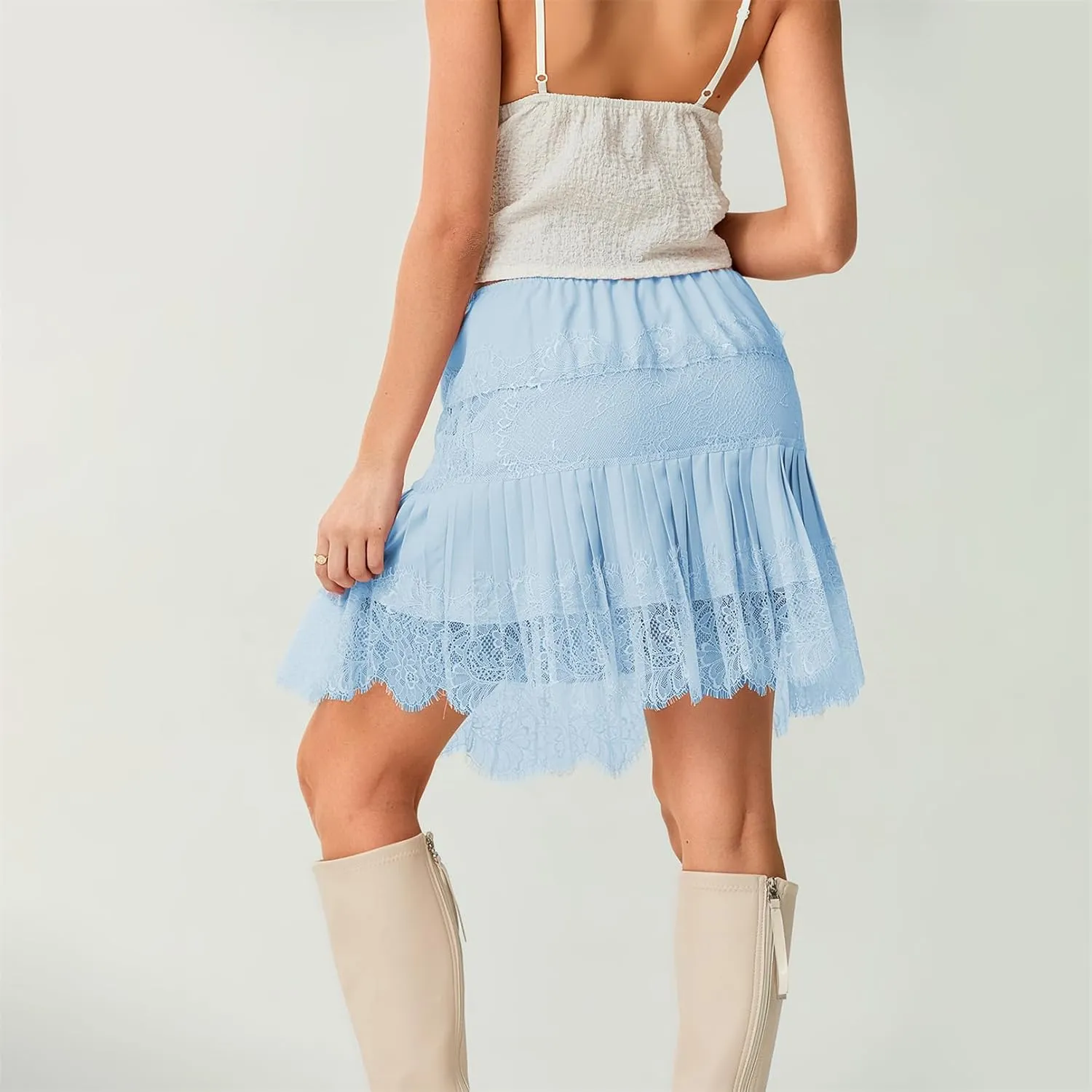Women Y2k Lace Pleated Mini Skirt Low Rise Floral Lace Ruffle Ruched Tiered Short Skirt Summer Lace Slip Underskirts