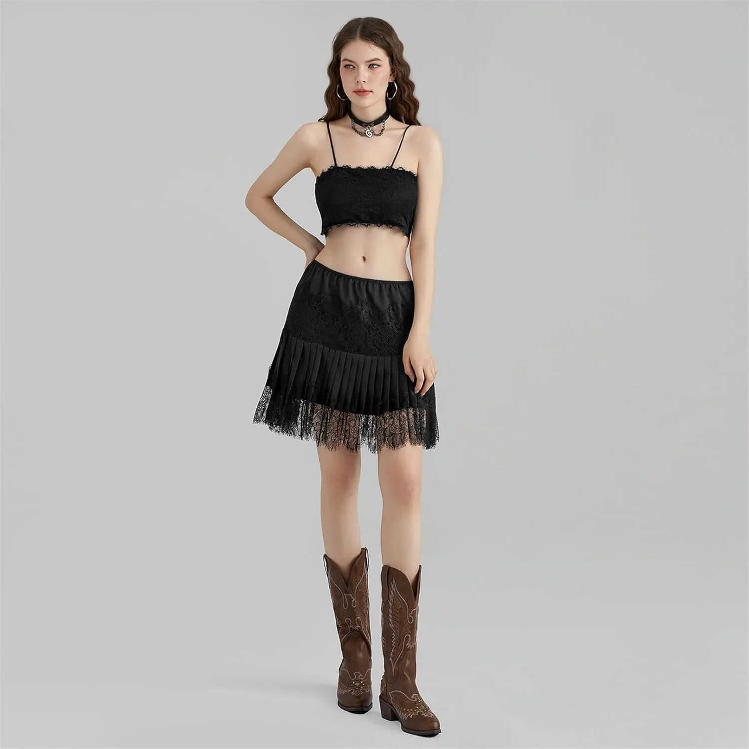 Women Y2k Lace Pleated Mini Skirt Low Rise Floral Lace Ruffle Ruched Tiered Short Skirt Summer Lace Slip Underskirts
