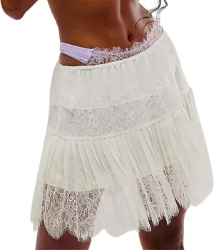 Women Y2k Lace Pleated Mini Skirt Low Rise Floral Lace Ruffle Ruched Tiered Short Skirt Summer Lace Slip Underskirts
