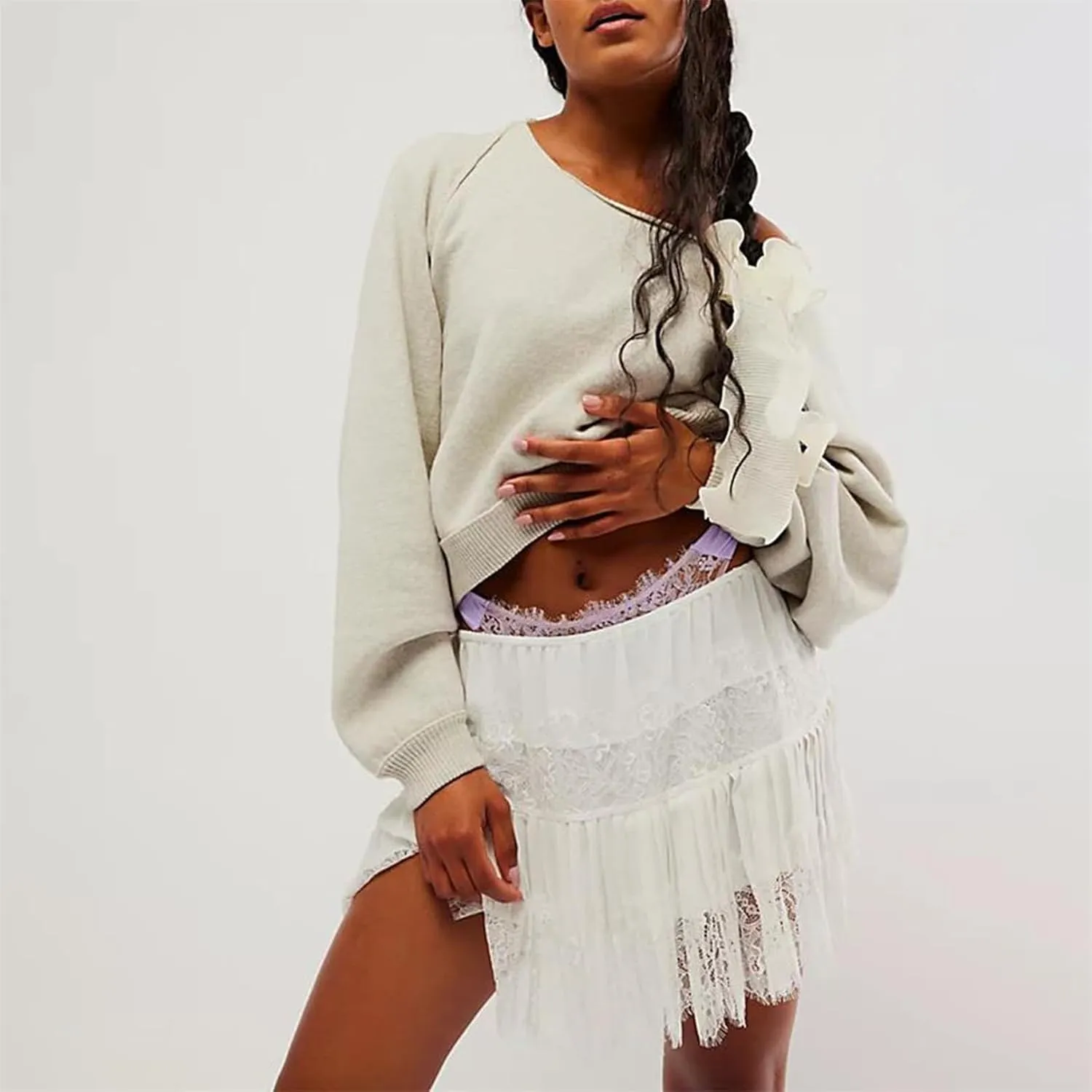 Women Y2k Lace Pleated Mini Skirt Low Rise Floral Lace Ruffle Ruched Tiered Short Skirt Summer Lace Slip Underskirts