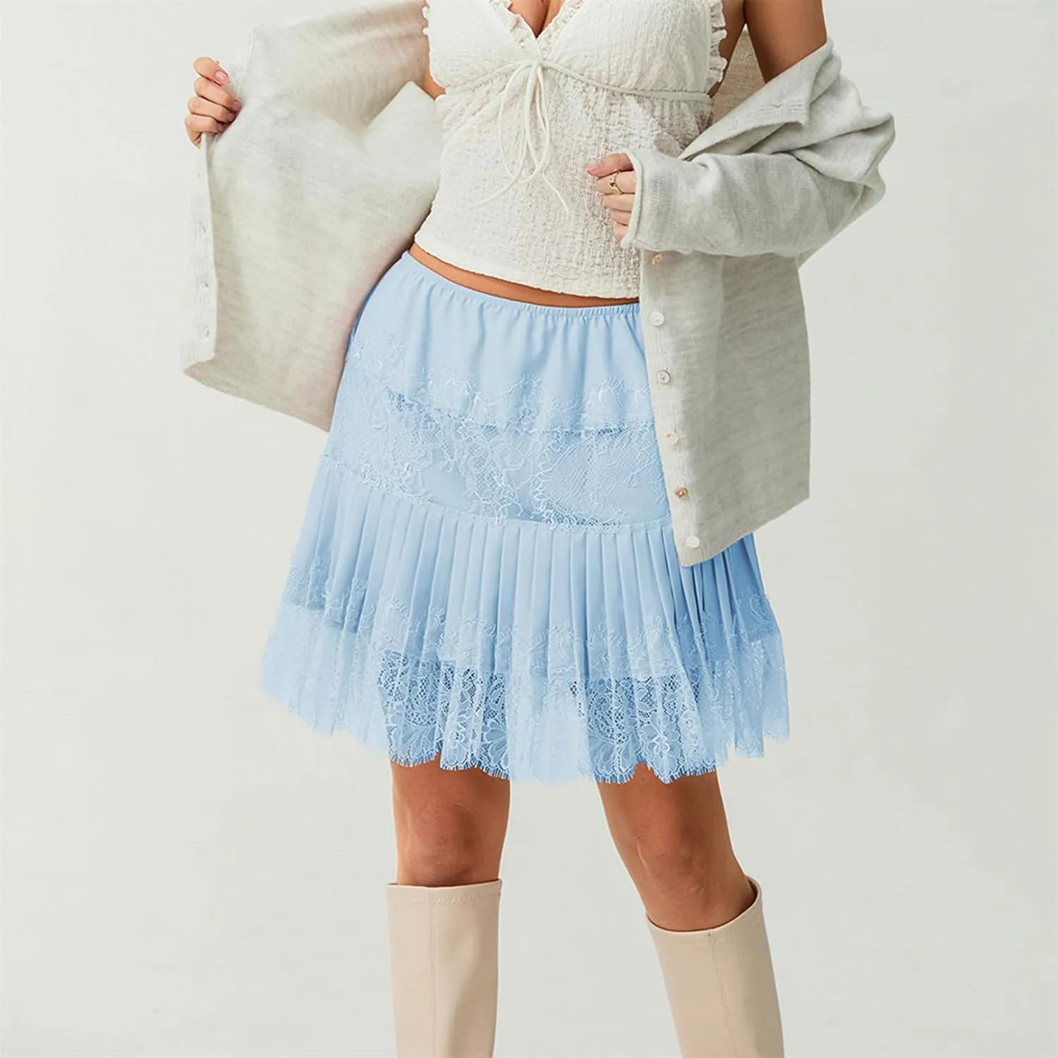 Women Y2k Lace Pleated Mini Skirt Low Rise Floral Lace Ruffle Ruched Tiered Short Skirt Summer Lace Slip Underskirts