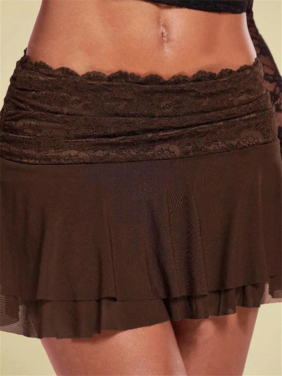 Women Y2k Lace Pleated Mini Skirt Low Rise Floral Lace Ruffle Ruched Tiered Short Skirt Summer Lace Slip Underskirts
