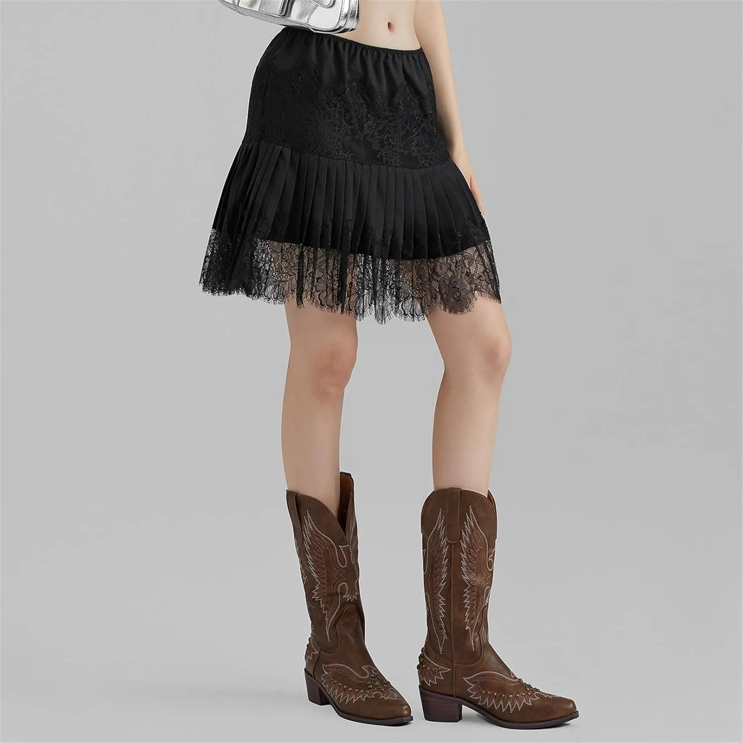 Women Y2k Lace Pleated Mini Skirt Low Rise Floral Lace Ruffle Ruched Tiered Short Skirt Summer Lace Slip Underskirts