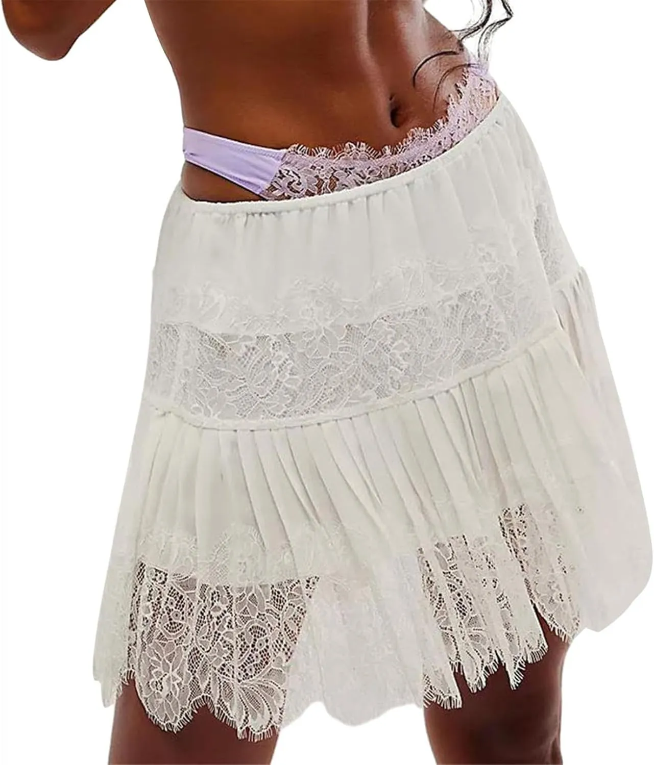 Women Y2k Lace Pleated Mini Skirt Low Rise Floral Lace Ruffle Ruched Tiered Short Skirt Summer Lace Slip Underskirts